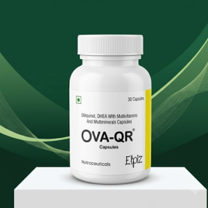 Ova-QR capsules bottle with ubiquinol, DHEA, multivitamins and multiminerals