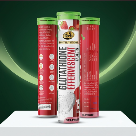 Dvit Glutathione Effervescent Tablets in strawberry flavour, 15-tablet tube packaging