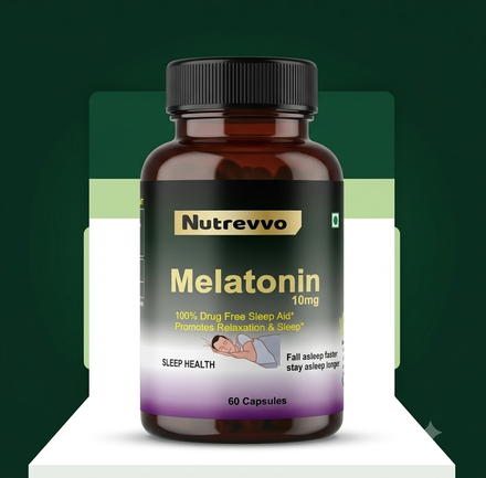 Nutrevvo Melatonin 10 mg bottle labelled with 60 capsules.