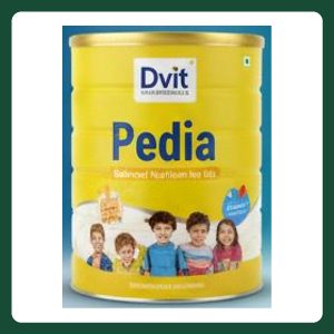 Dvit Pedia Vanilla Flavour children's nutrition powder in a 400 g yellow container