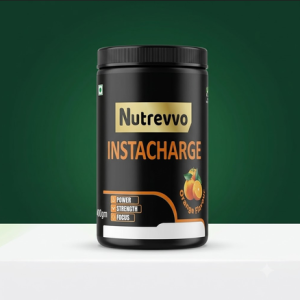 Nutrevvo INSTACHARGE orange-flavour product jar with Power, Strength and Focus on the label