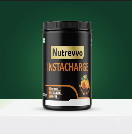 Nutrevvo INSTACHARGE orange-flavour product jar with Power, Strength and Focus on the label