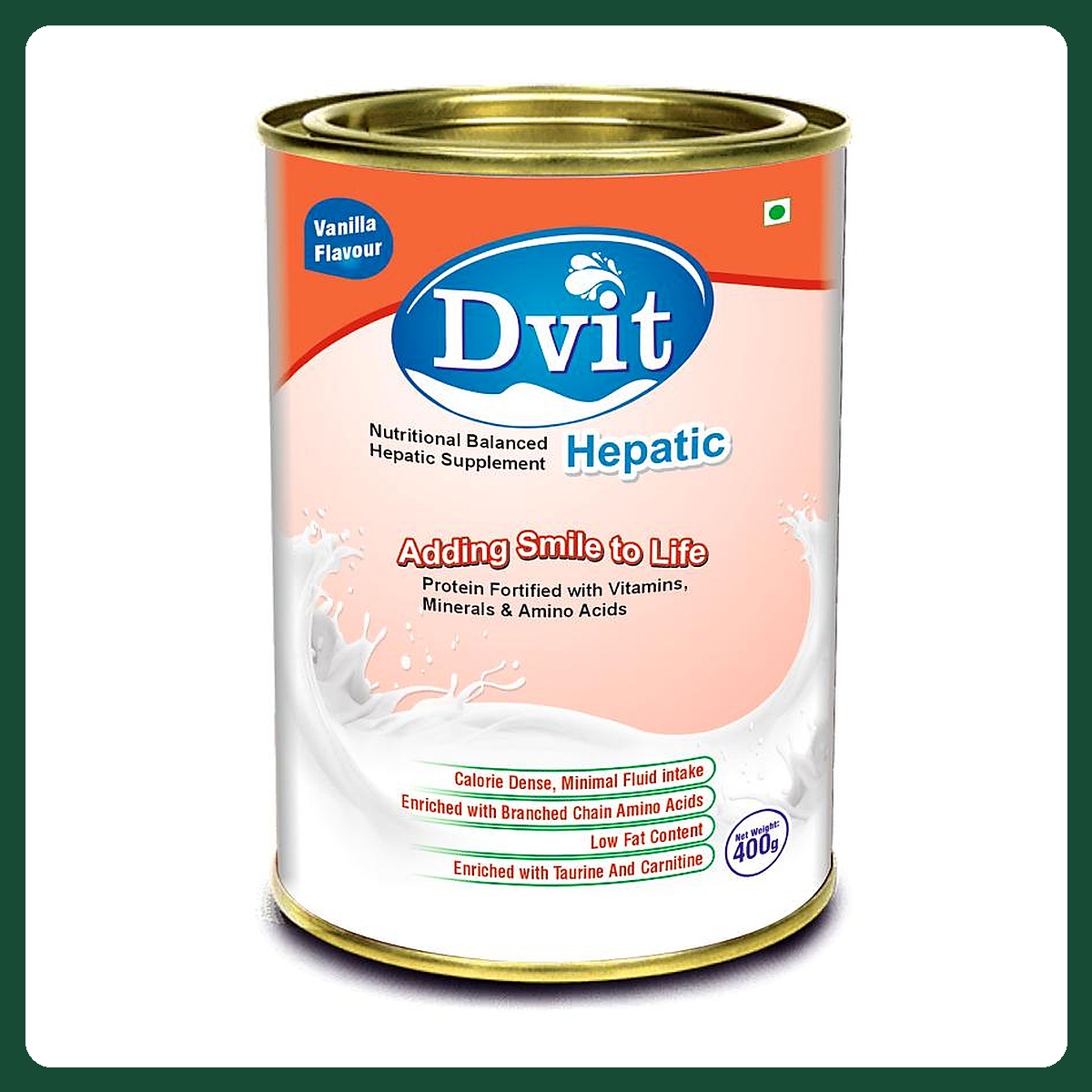 Dvit Hepatic Vanilla Flavour nutritional supplement powder in a 400 g container