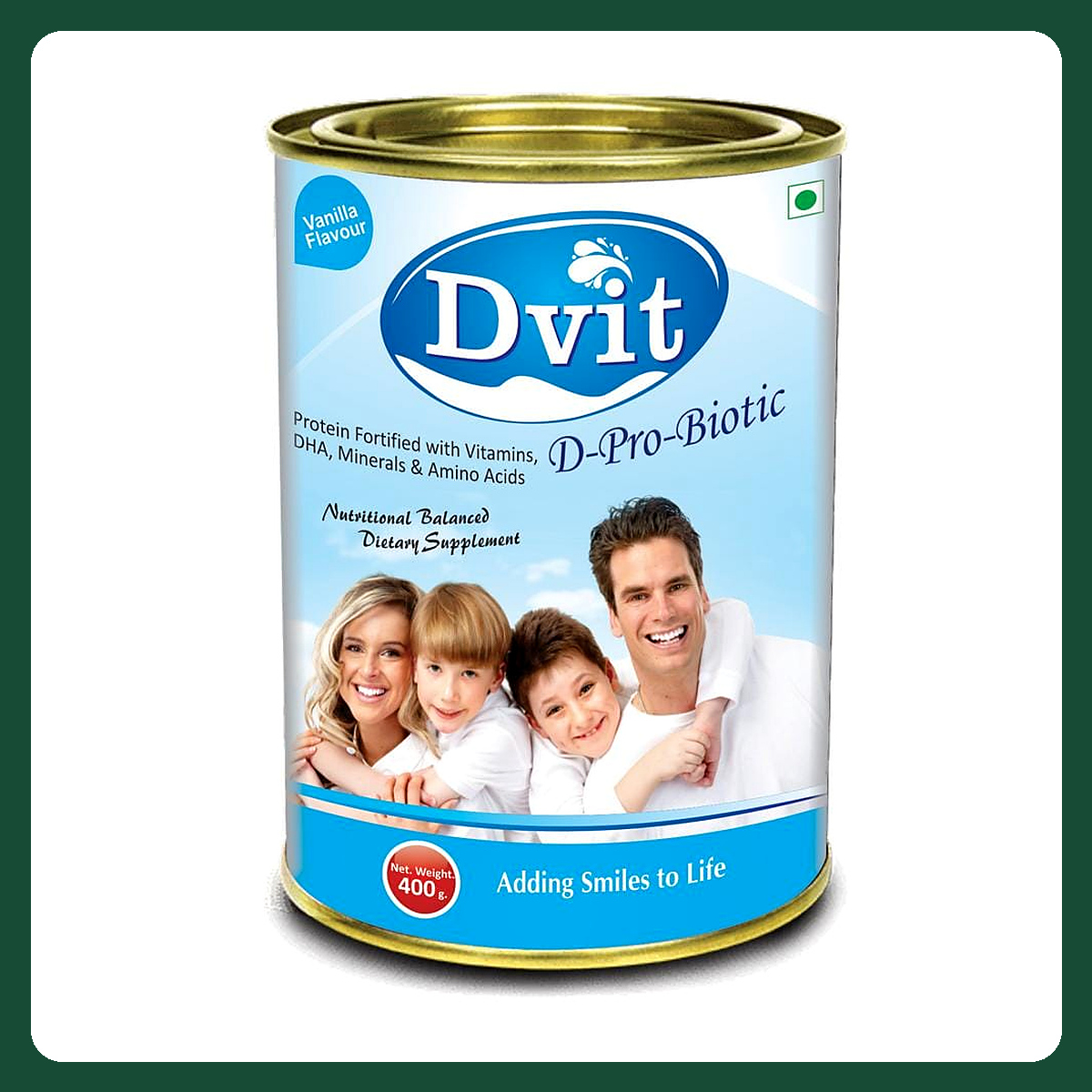 Dvit D-Pro-Biotic Vanilla Flavour nutritional supplement powder, 400 g tin.