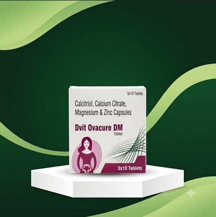 Dvit Ovacure DM product carton displaying Calcitriol, Calcium Citrate, Magnesium and Zinc.