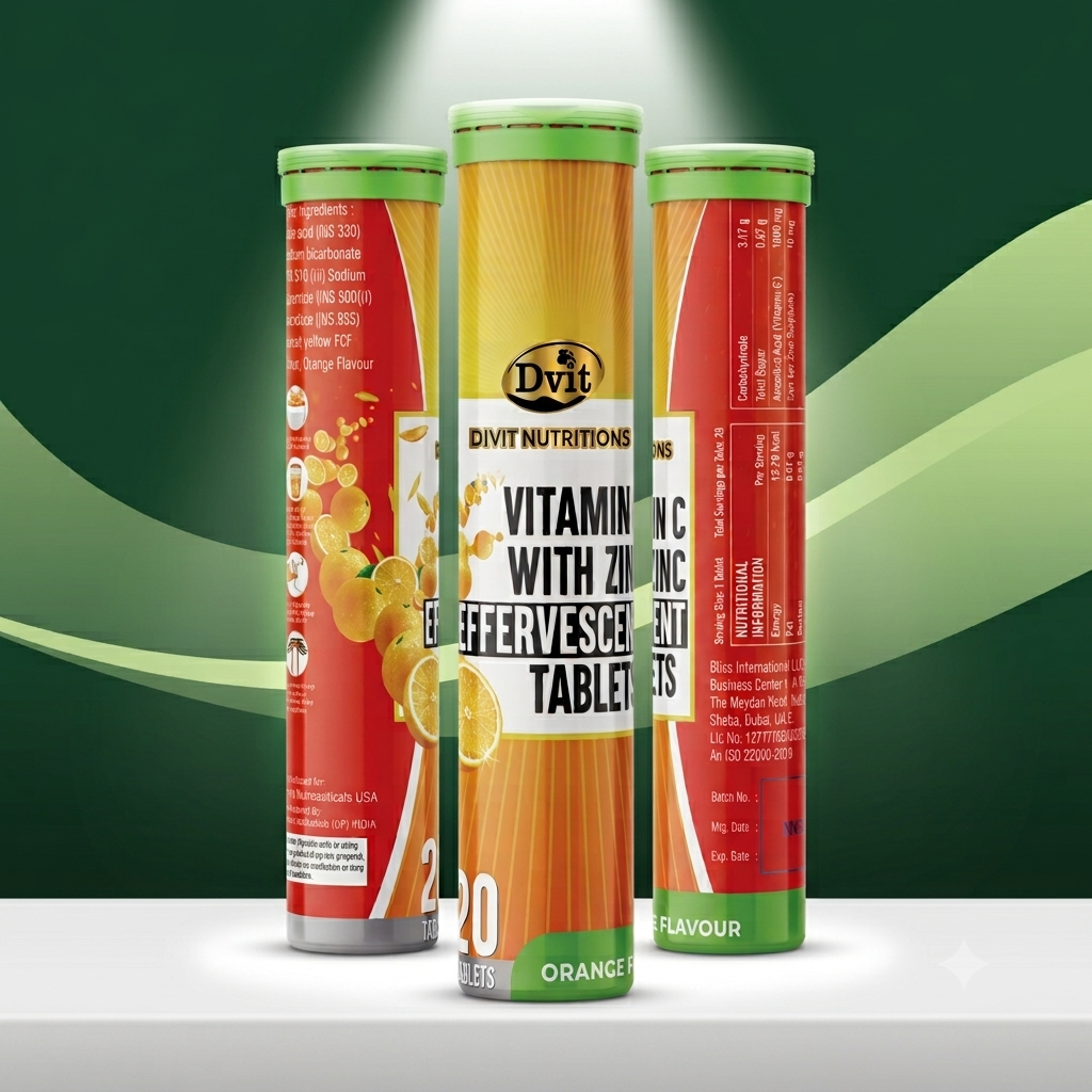 Dvit Vitamin C with Zinc Effervescent Tablets Orange Flavour 20 Tablets