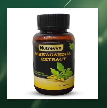 Nutrevvo Ashwagandha Extract herbal supplement bottle containing 60 capsules